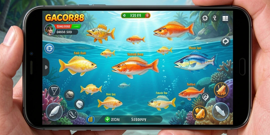 Screenshot utama GACOR88 menampilkan aksi tembak ikan yang seru.