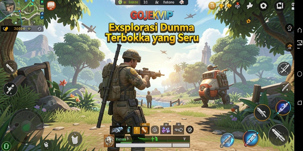 Tampilan gameplay GOJEKVIP yang menonjolkan dunia terbuka yang luas.