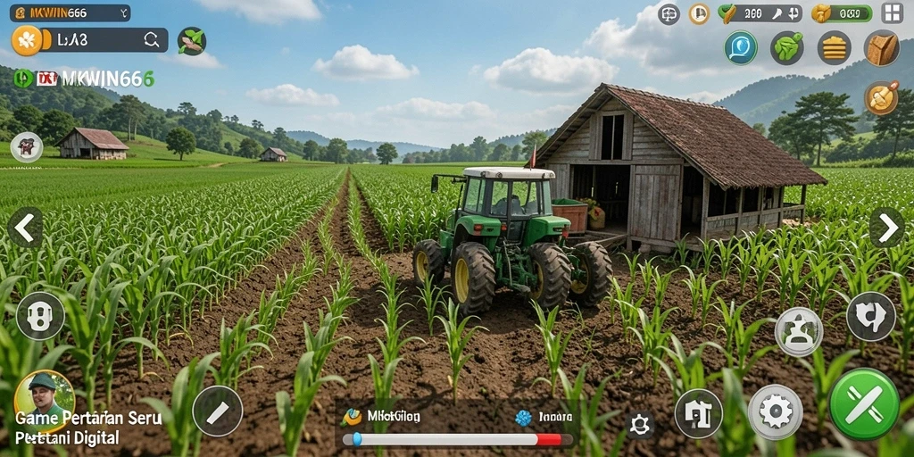 Tangkapan layar gameplay <strong>MKWIN666</strong> menampilkan petani sukses di ladang hijau.