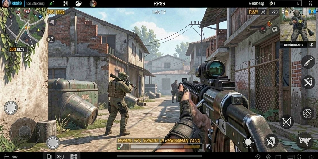 Screenshot utama dari gameplay intens RR89 dengan aksi perang mendebarkan.