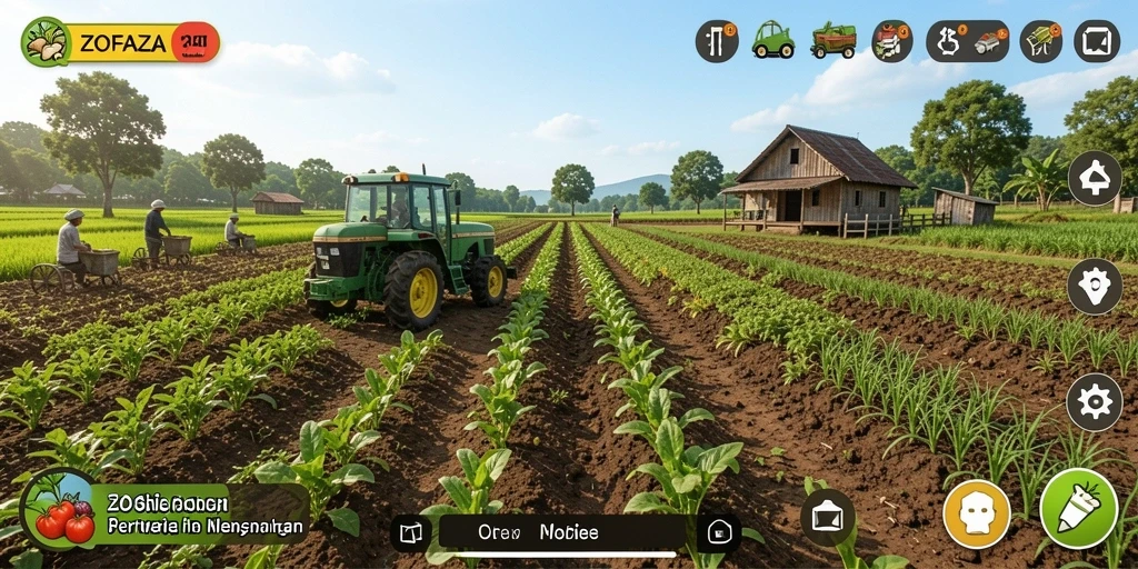 Screenshot gameplay <strong>ZOFAZA</strong> menampilkan ladang hijau subur dan aktivitas bertani.